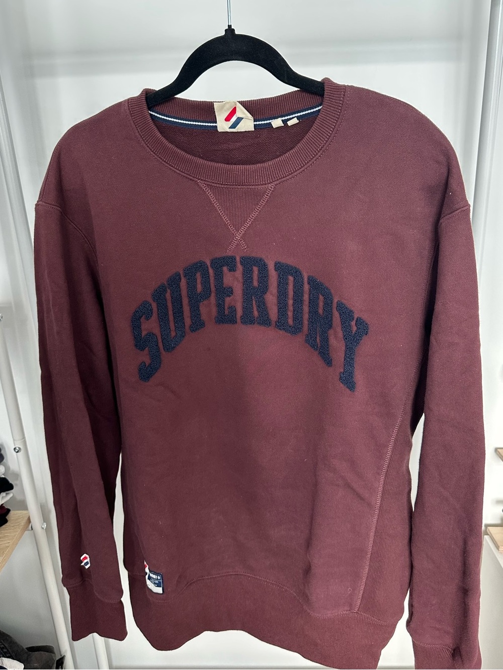 Superdry Men's Burgundy Crewneck Sweatshirt with Navy Logo